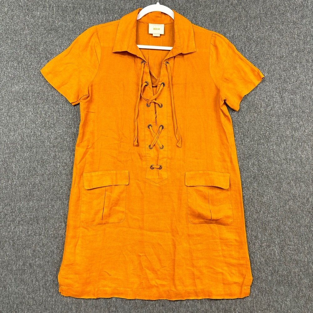 Maeve Linen Dress Womens 8 Orange Casual Short Sleeve Lace Up Patch Pocket Retro